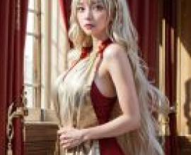 white haired girlA young lady wearing a gold dress and headpiece.