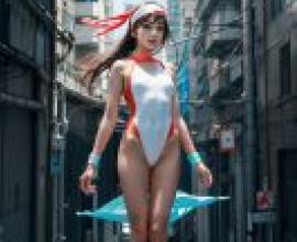 城市游泳，穿著高跟鞋和緊身衣的模特兒。