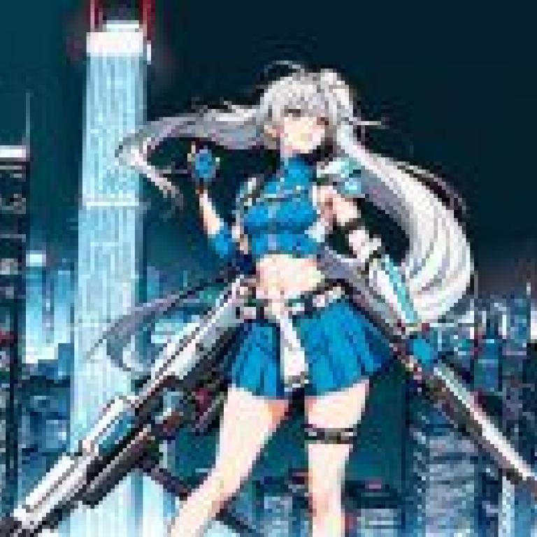 Future Warrior，Girl in blue dress with guns.