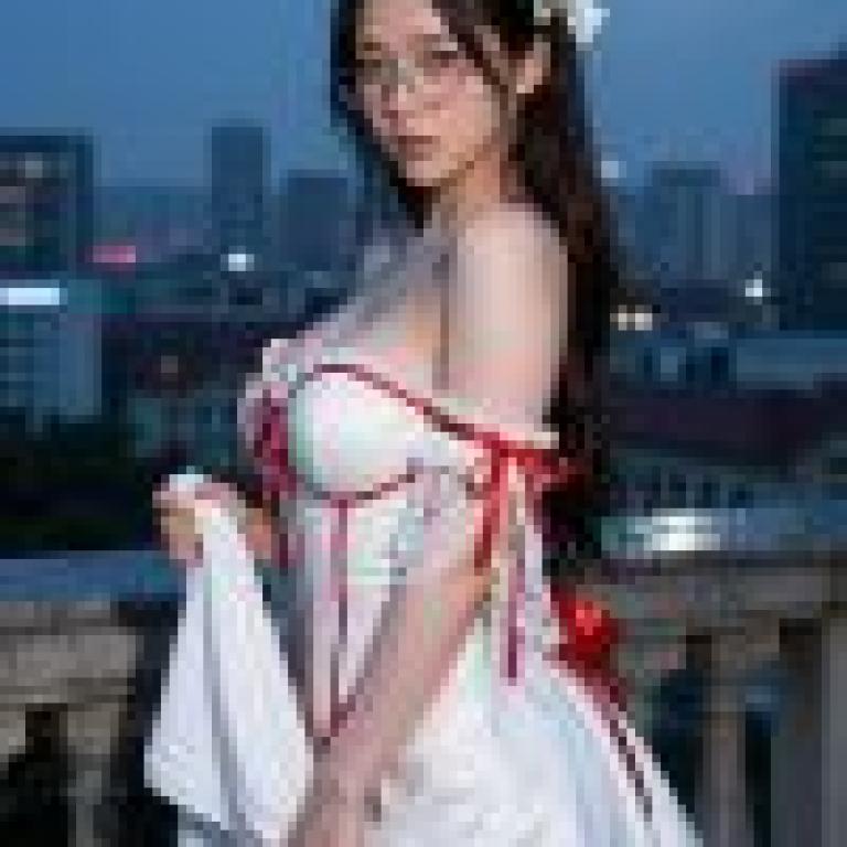 girls，A woman in red and white dress stands on a balcony with the moon up.