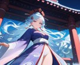 神宮巫女，身穿藍色連身裙的動漫女孩。