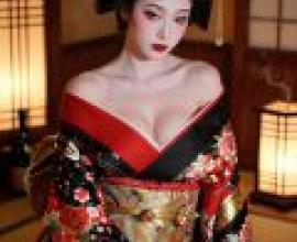 Kimono Phantom，A geisha wearing red and black kimono in Japan.