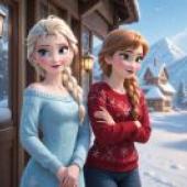 Frozen cozy elsa，Girls on the front porch with snow and mountains in back.