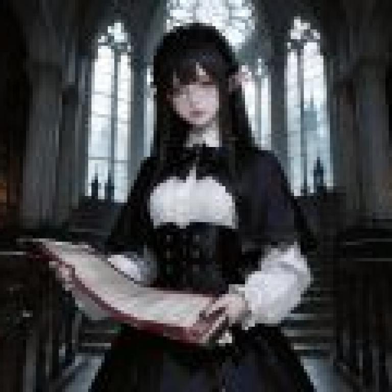 教堂的陰影，一位身穿黑裙、雙眼緊閉的女子。