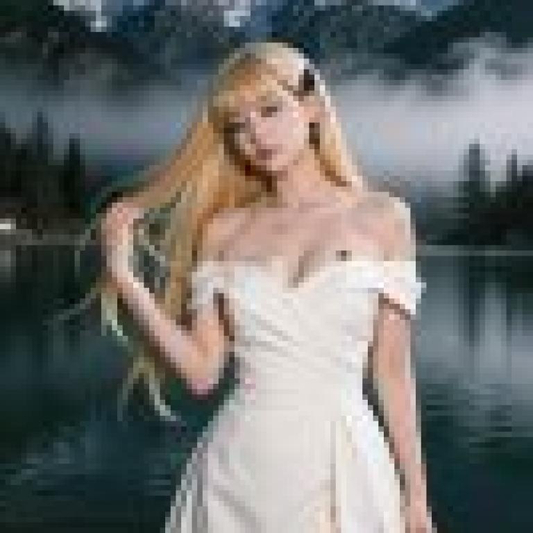 girls，The woman is posing in front of the lake.