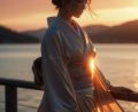 The final farewell under the setting sun，A woman in Japan looks out over the ocean.