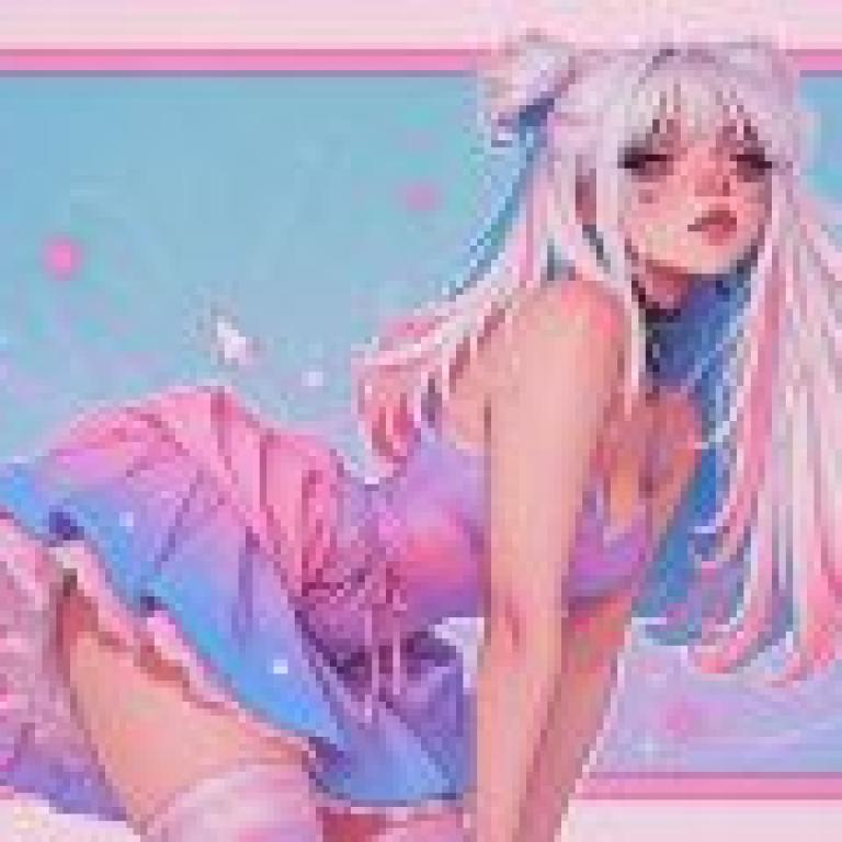 Trapped in a dream，Pink hair and blue dress woman with bow in her hair.