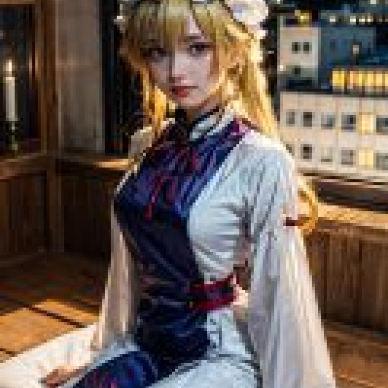 手機桌布，Yukari Yakumo 八雲 紫 東方，寫實，穿著動漫風格衣服的女人坐在床上。