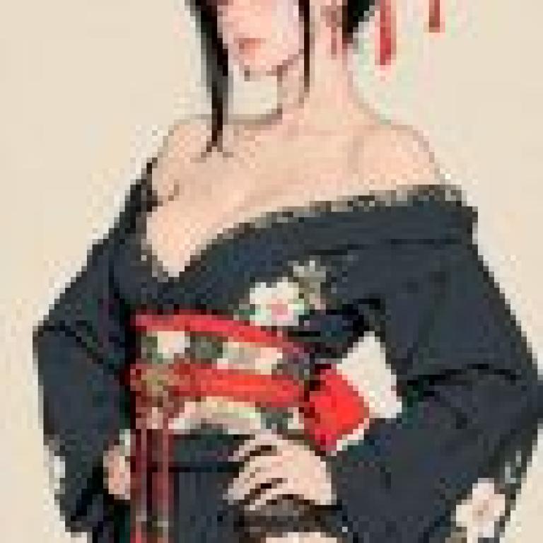kimono，Anime woman wearing a red bow and black dress.