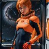 Mobile wallpaper， Ple Two (プルツー)， realistic， woman wearing orange and blue jumpsuit in front of space background.