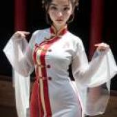 中國女兒裝，一個女孩穿著紅色和金色相間的連身裙。