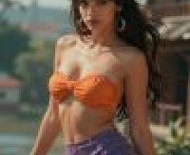 Seeking Dreams in the Land of Gold Qier，A young woman is wearing an orange halter top and blue shorts.
