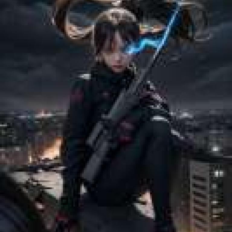 black Rock Shooter，Girl with gun on rooftop overlooking city at night.
