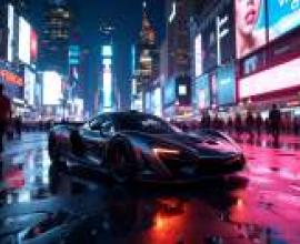 Sports car with lights in the dark，A black sports car on the street in a city.