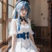 Griseo，Honka，A young woman with blue hair sits in a window sill.