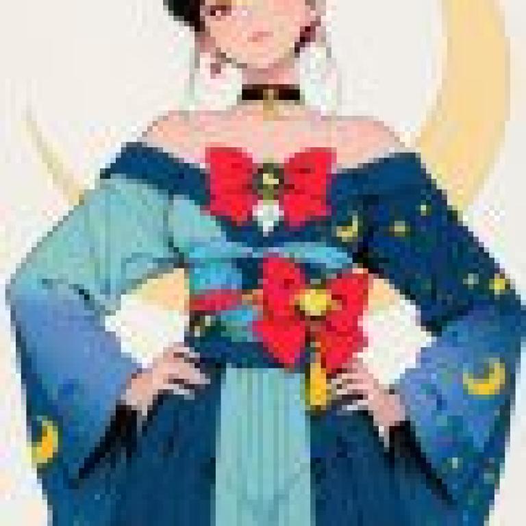 kimono，Girl wearing blue dress with red bow.