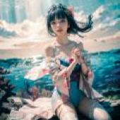 Mermaid，Asian woman with blue hair and an aqua colored dress.