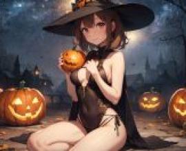 萬聖節南瓜女孩：一個戴著黑色帽子的女孩，手裡拿著一個南瓜，胸口插著一把刀。