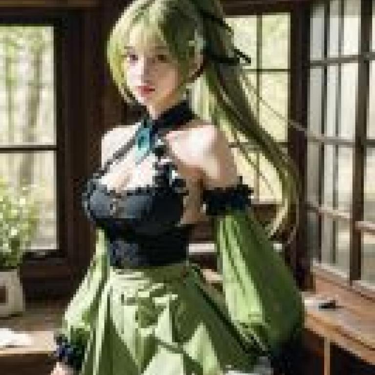 Rena Wind Sneaker Grand Archer ELSWORD穿著綠色連身裙的女子在窗前擺姿勢。