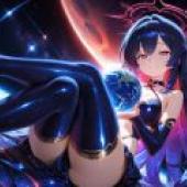 Mother of the Planet，A girl with blue hair and an ice planet in her hand.