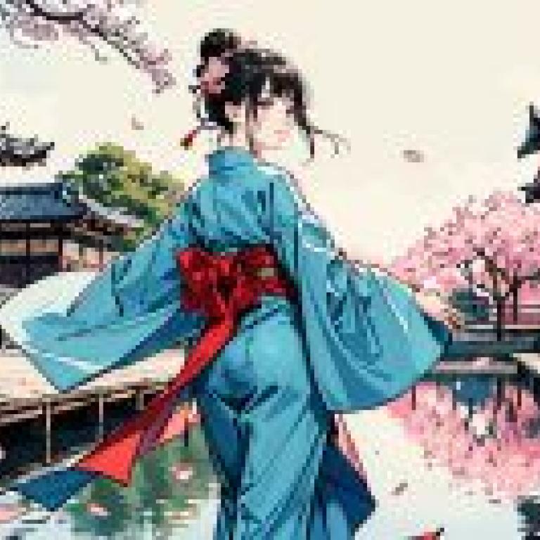 Café，A woman with blue hair and long blue dress.