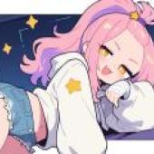 Pinch face girl，A girl with pink hair and purple shirt is laying down.