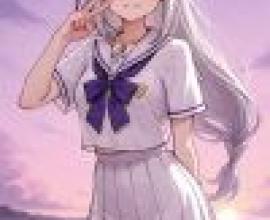 動漫女孩，穿著白色洋裝、胸前繫著蝴蝶結的女孩。