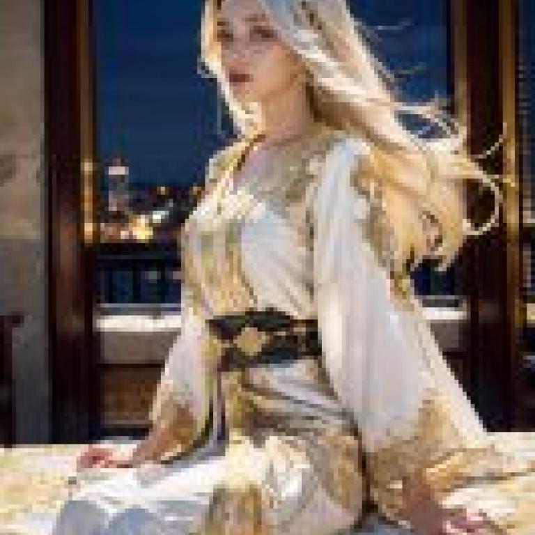 Mobile wallpaper， Moroccan Caftan， realistic， MAGER magazine model in a white dress.