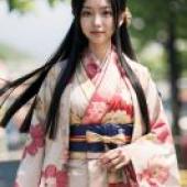 kimono uchikake hime，A girl with long dark hair in a kimono is walking down the street.