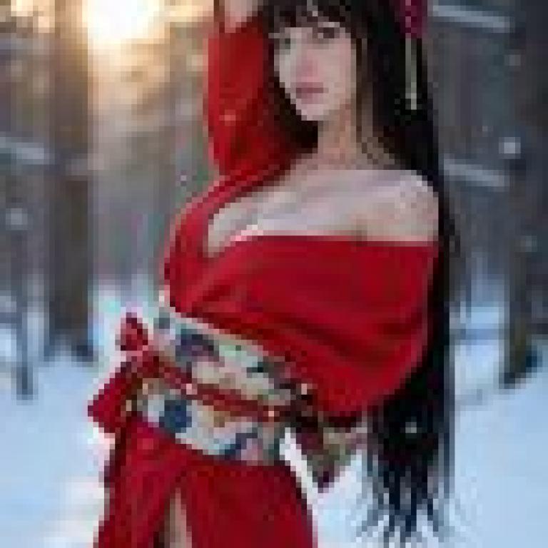girls，A woman wearing red stands in the woods.
