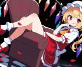 Touhou GensokyoGirl on chair in red dress.