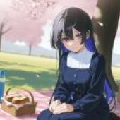 Picnic under the tree，The blue haired woman with the black dress.