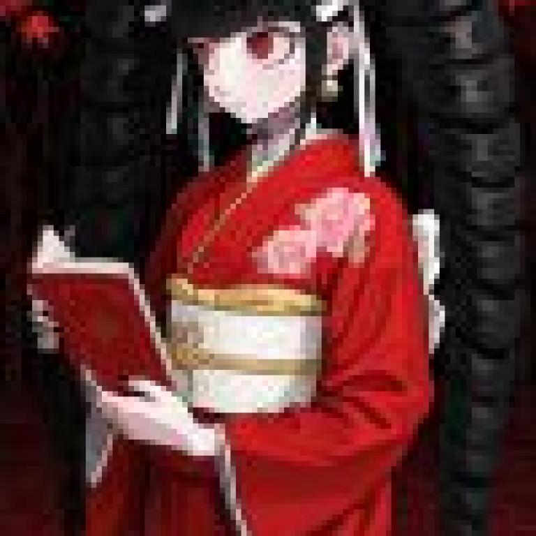 動漫女孩，身穿紅色和服的動漫女孩正在閱讀。