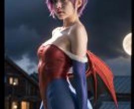 Lilith Aensland DarkstalkersA girl wearing a red and blue dress with a purple wig.