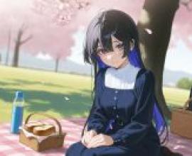 樹下野餐，身穿黑裙的藍髮女子。