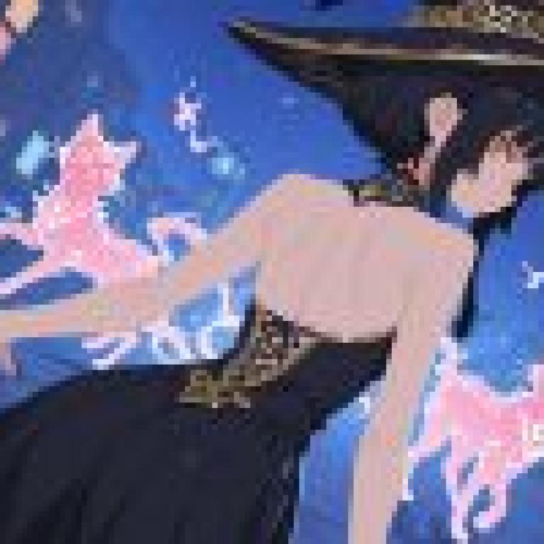 動漫美女，夜晚與兩隻貓相伴的少女。