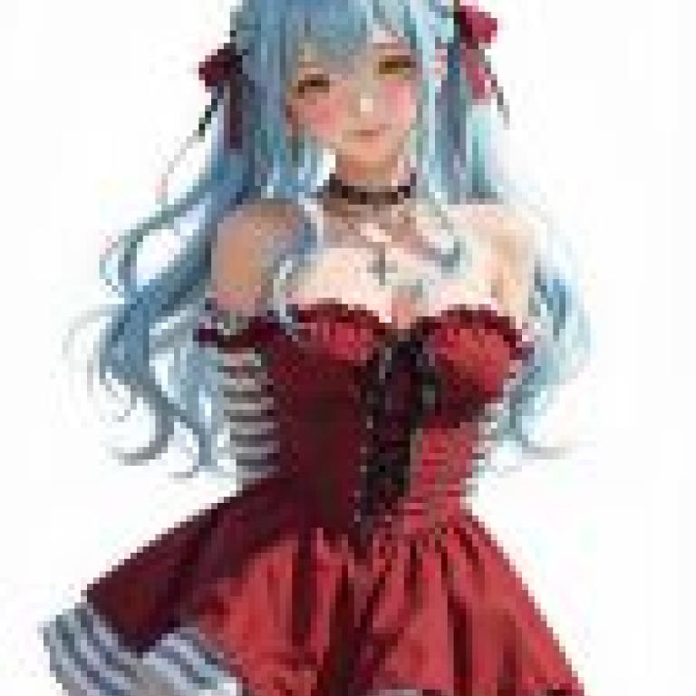 girls，A girl wearing blue hair and red dress.