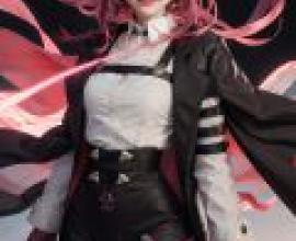 Kafka Honkai Star Rail，A girl dressed in all black and pink with red hair.
