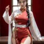 中國女兒裝，一位身穿紅白服裝的女子。