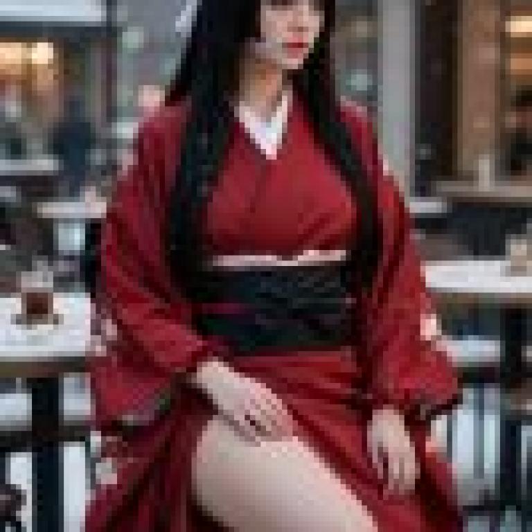 kimono，A woman in red who is sitting on a table.