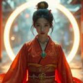 Samurai girl，Asian model with red kimono.