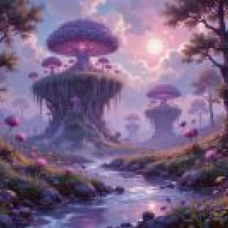 Fantasy Wilderness Illustration，Purple mushrooms on an island.