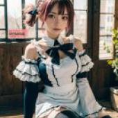手機桌布，Airi Queens Blade，寫實，一名身穿女僕裝的女孩坐在窗邊。