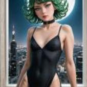 Tatsumaki，One Punch Man，A woman in a green dress sitting next to a window overlooking a cityscape.