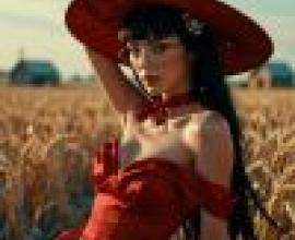 Western style，A witch in red wearing glasses sits in wheat fields.
