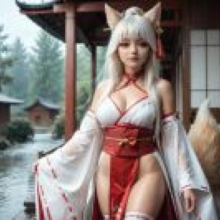 狐狸巫女，一個穿著紅白衣服的女孩，手扶著欄桿。