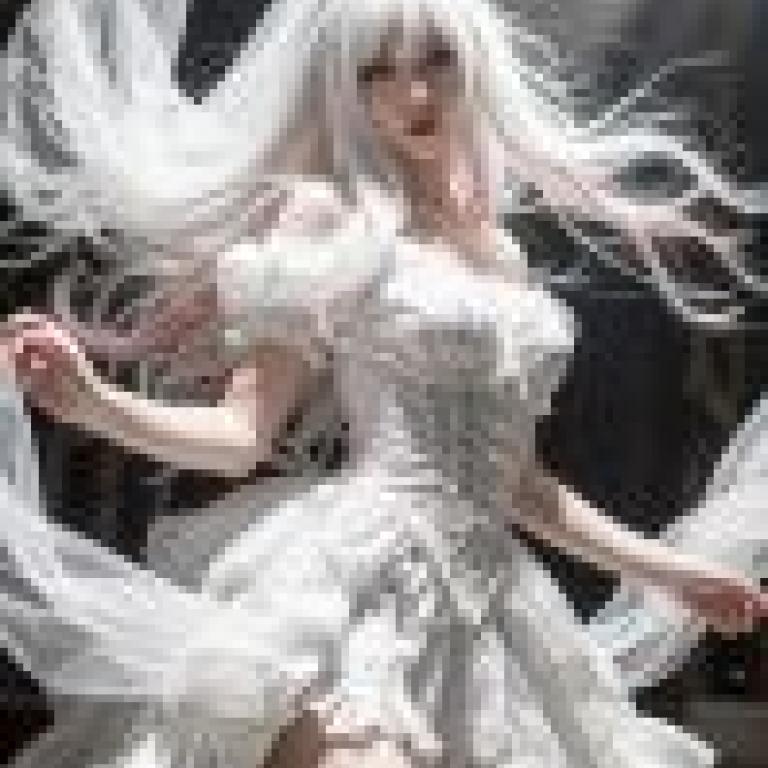 dress up，A model in a white dress with long hair.