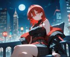 Under the moon，A woman is sitting on a bench at night.