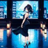 80年代漫畫女孩，舞池中身穿黑色洋裝的女子舉起了手。