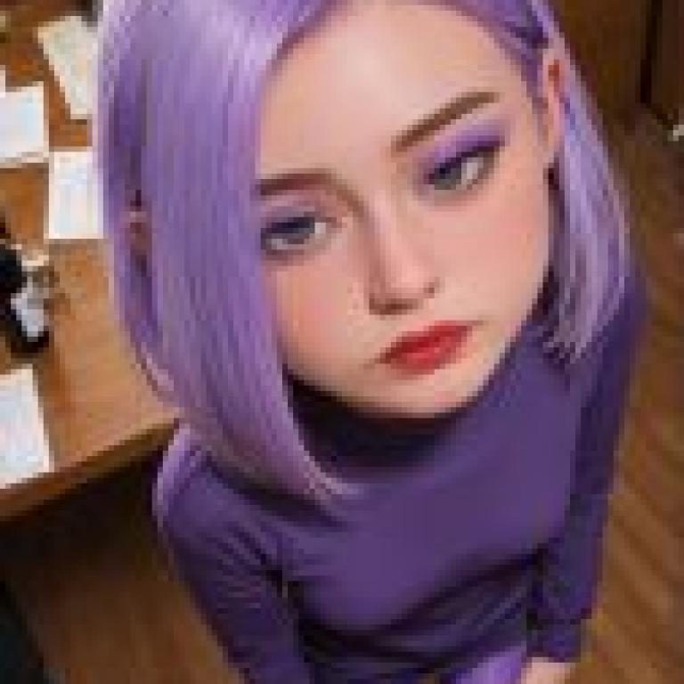 Flat，Duolingo，穿著紫色襯衫的女子。